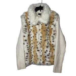 Animal Print Vegan Fur Sweater Womens XL Cream Preppy Jacket Knit Shacket